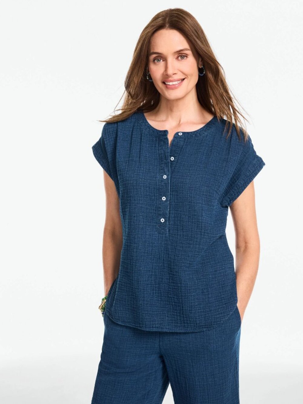 Talbots Gauze Band Collar Popover Indigo 100% Cotton 2026 Darker Medium Wash 3X